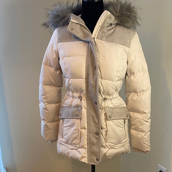Kenneth Cole Jackets & Blazers - Kenneth Cole Cream and Gray Puffer Jacket with Faux Fur Hood